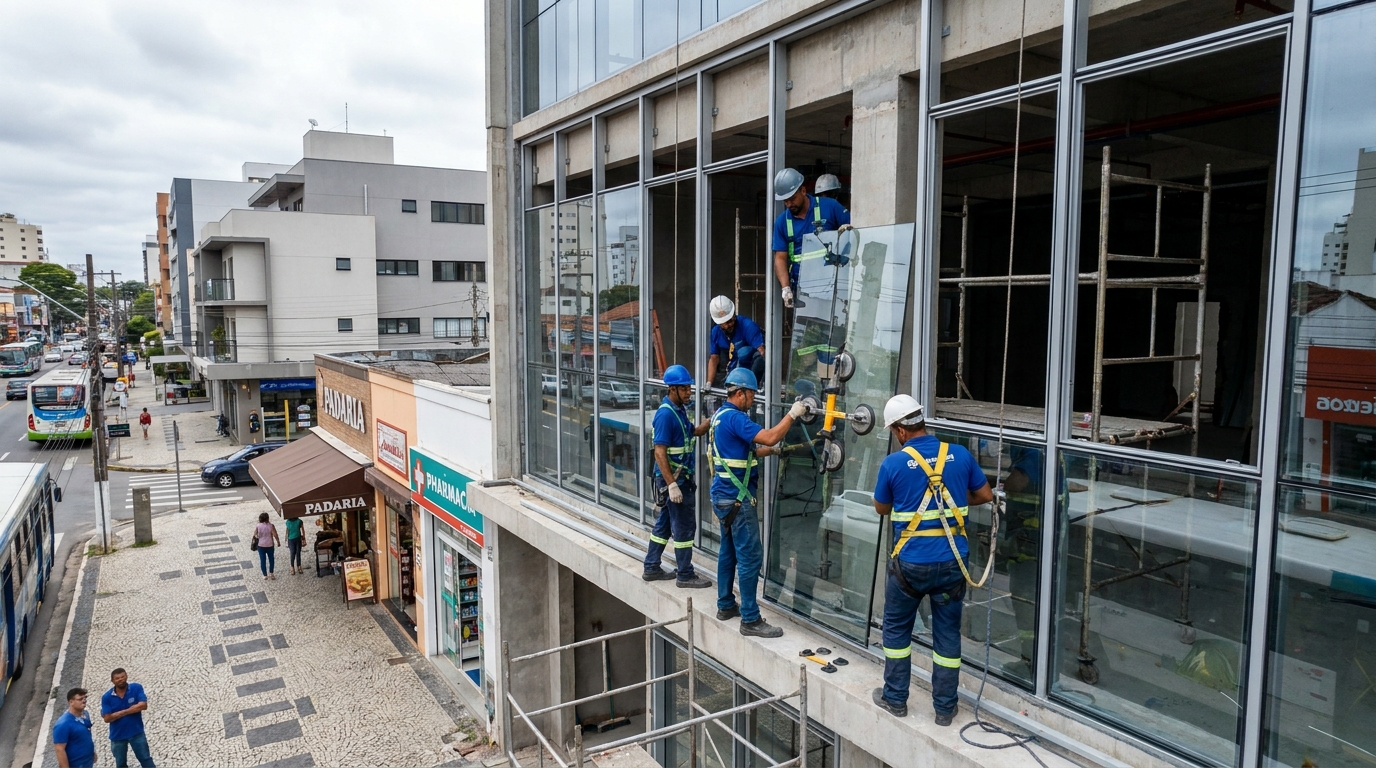 Substituição de painéis de fachada de vidro em Ipatinga‑MG